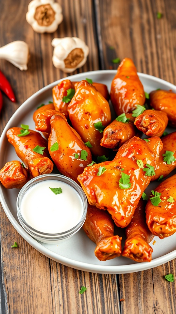 A delicious serving of spicy garlic chicken wings garnished with parsley on a rustic wooden table, with ranch dressing on the side.